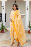 Yellow V-neck Floral Print Kurta Set with Trousers and Dupatta Yellow V-neck Floral Print Kurta Set with Trousers and Dupatta