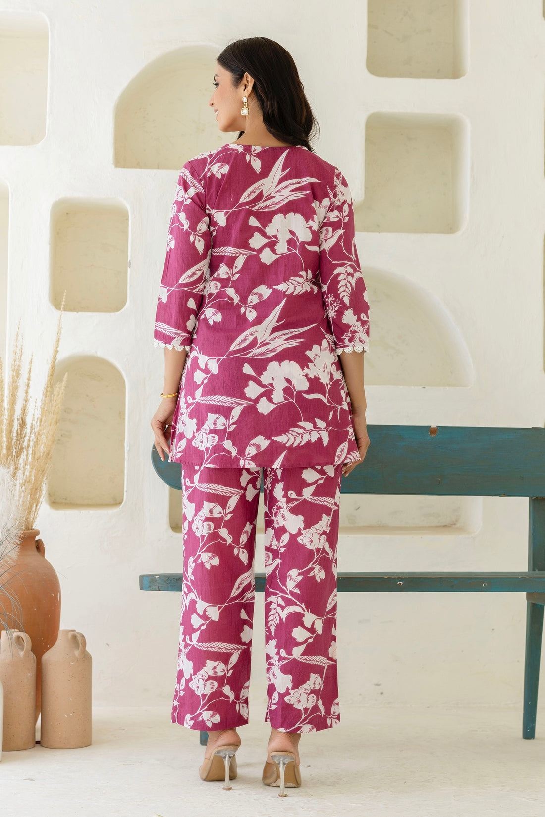 Reverie - Purple Floral Printed Lace Highlights Top with Wide Pants Coord Set Reverie - Purple Floral Printed Lace Highlights Top with Wide Pants Coord Set