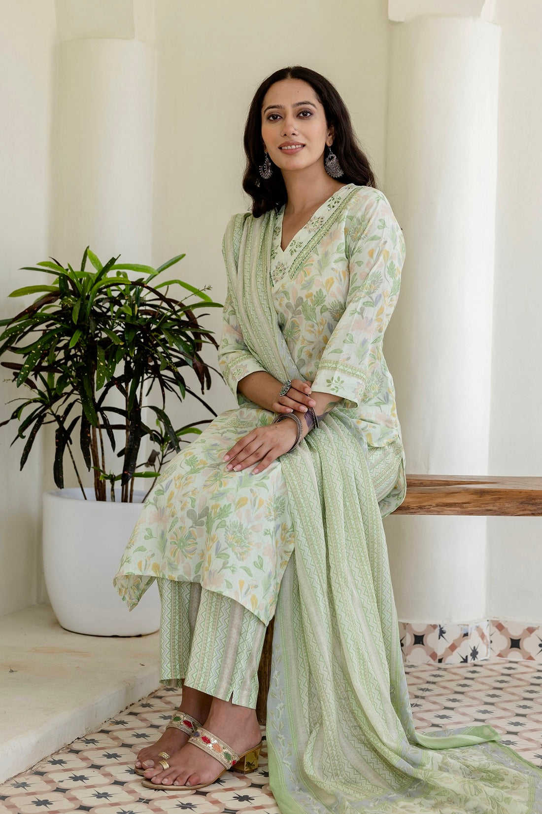 Pastel Green V-neck Floral Print Kurta Set with Trousers and Dupatta Pastel Green V-neck Floral Print Kurta Set with Trousers and Dupatta