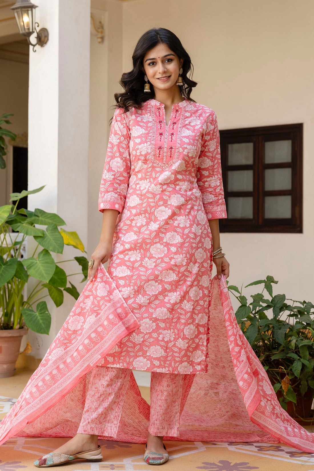 Peach Plackett Design Cotton Kurta Set with Trousers and Dupatta Peach Plackett Design Cotton Kurta Set with Trousers and Dupatta