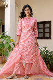 Peach Plackett Design Cotton Kurta Set with Trousers and Dupatta Peach Plackett Design Cotton Kurta Set with Trousers and Dupatta