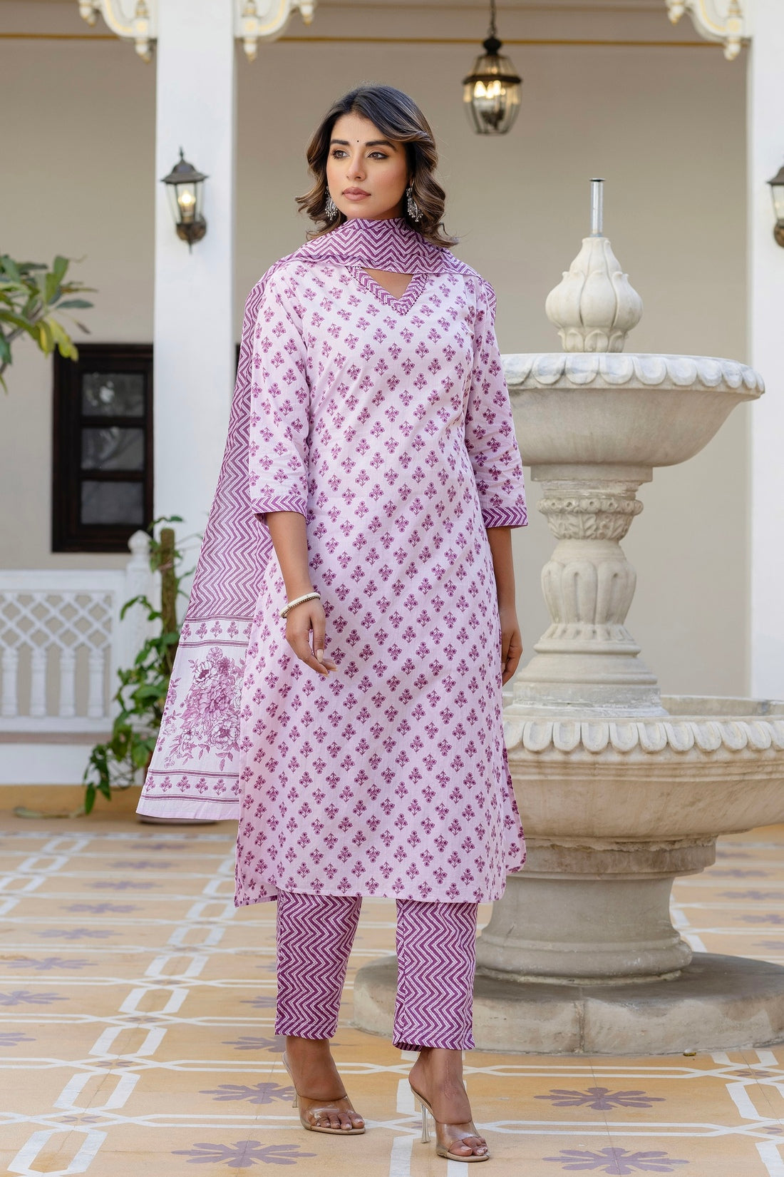 Lavender Motif Printed Collar Neck Kurta Set with Trousers and Dupatta Lavender Motif Printed Collar Neck Kurta Set with Trousers and Dupatta