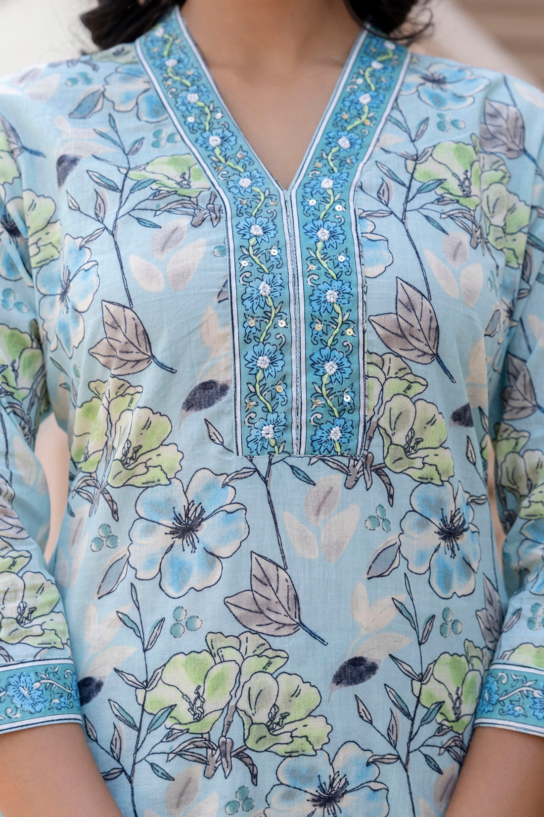 Pastel Blue Collar Neck Floral Kurta Set with Trousers and Dupatta Pastel Blue Collar Neck Floral Kurta Set with Trousers and Dupatta