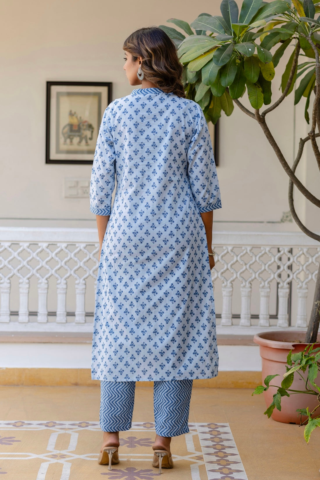 Blue Motif Printed Collar Neck Kurta Set with Trousers and Dupatta Blue Motif Printed Collar Neck Kurta Set with Trousers and Dupatta