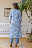 Blue Motif Printed Collar Neck Kurta Set with Trousers and Dupatta Blue Motif Printed Collar Neck Kurta Set with Trousers and Dupatta