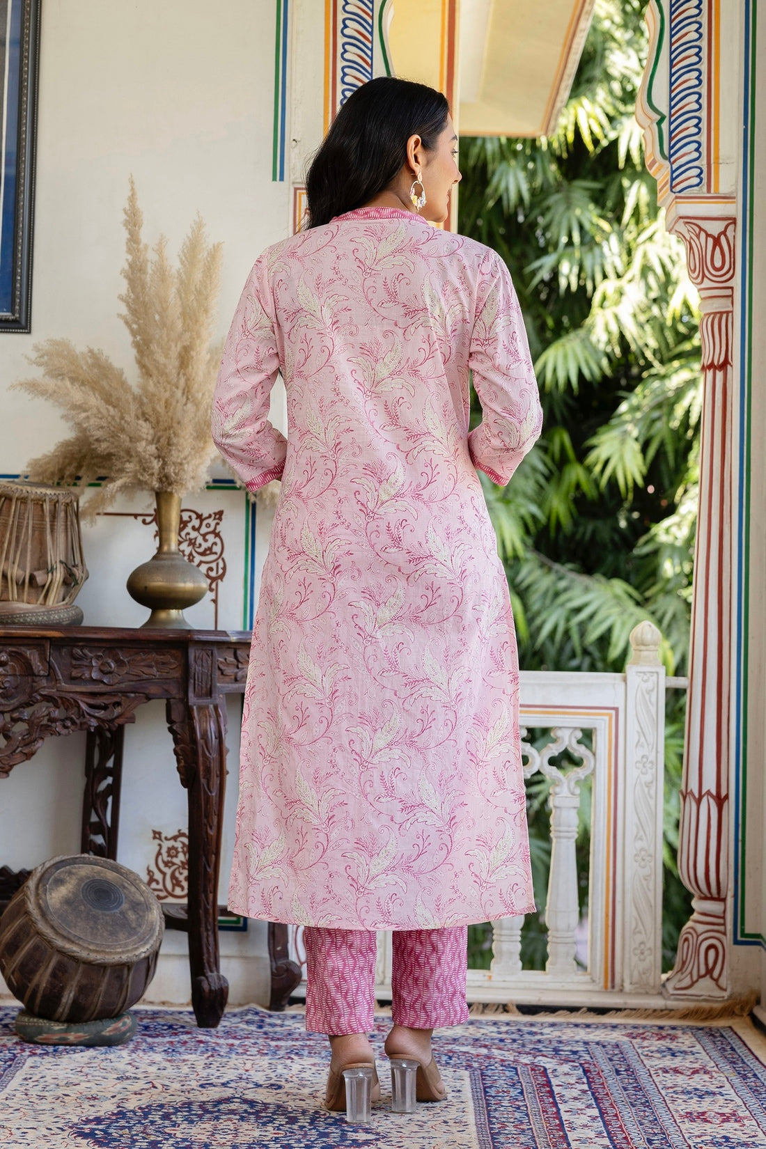 Pink Neck Highlight Printed Cotton Kurta Set with Trousers and Dupatta Pink Neck Highlight Printed Cotton Kurta Set with Trousers and Dupatta