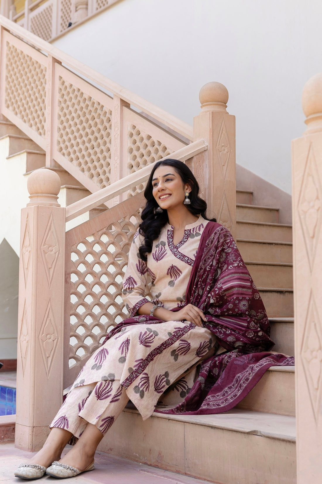 Pink and Cream Angrakha Neckline Kurta Set with Trousers and Dupatta Pink and Cream Angrakha Neckline Kurta Set with Trousers and Dupatta