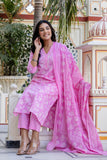 Pink Mirrorwork Floral Kurta Set with Trousers and Dupatta Pink Mirrorwork Floral Kurta Set with Trousers and Dupatta