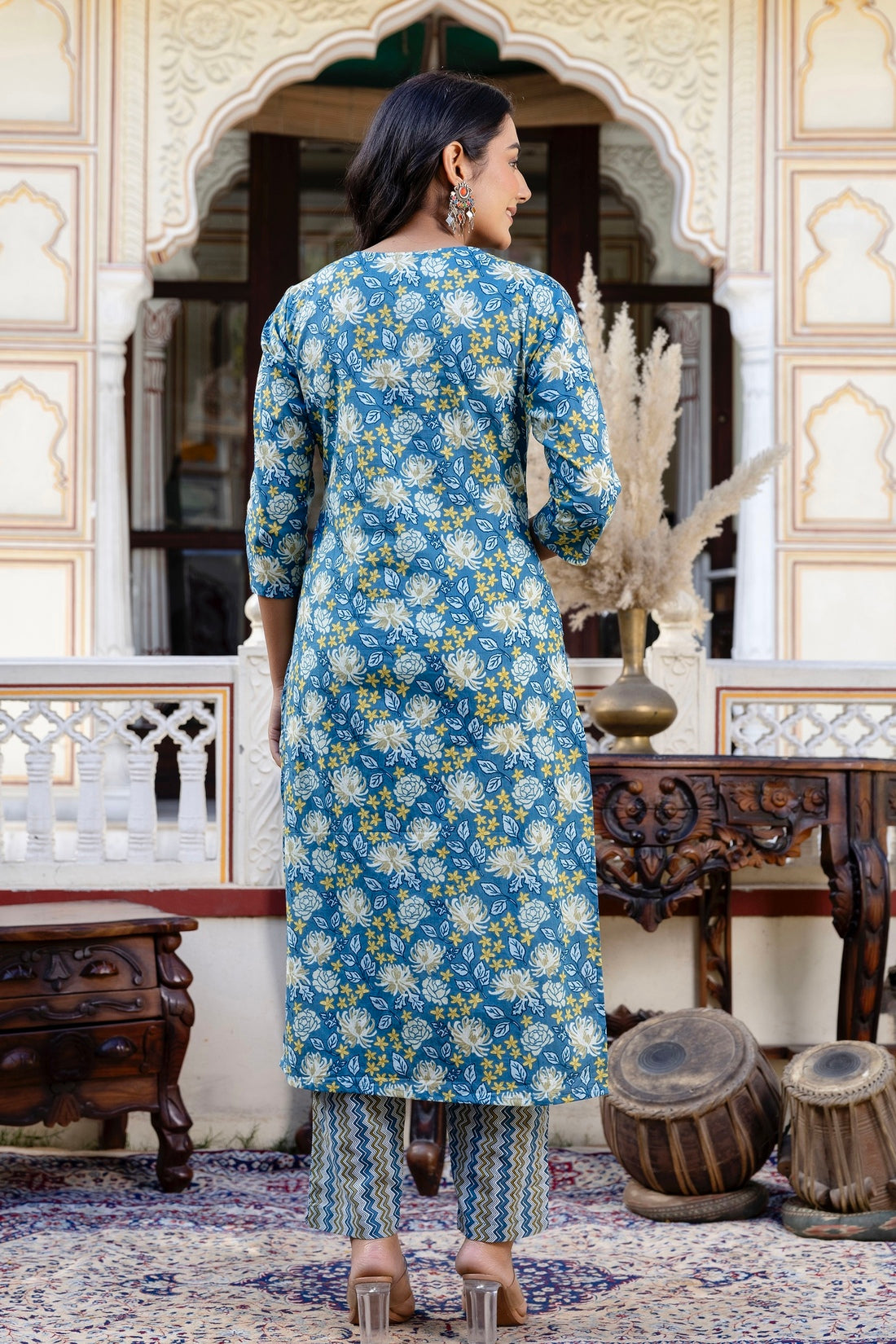 Teal Blue Front Pleats Design Cotton Kurta Set with Trousers and Dupatta Teal Blue Front Pleats Design Cotton Kurta Set with Trousers and Dupatta