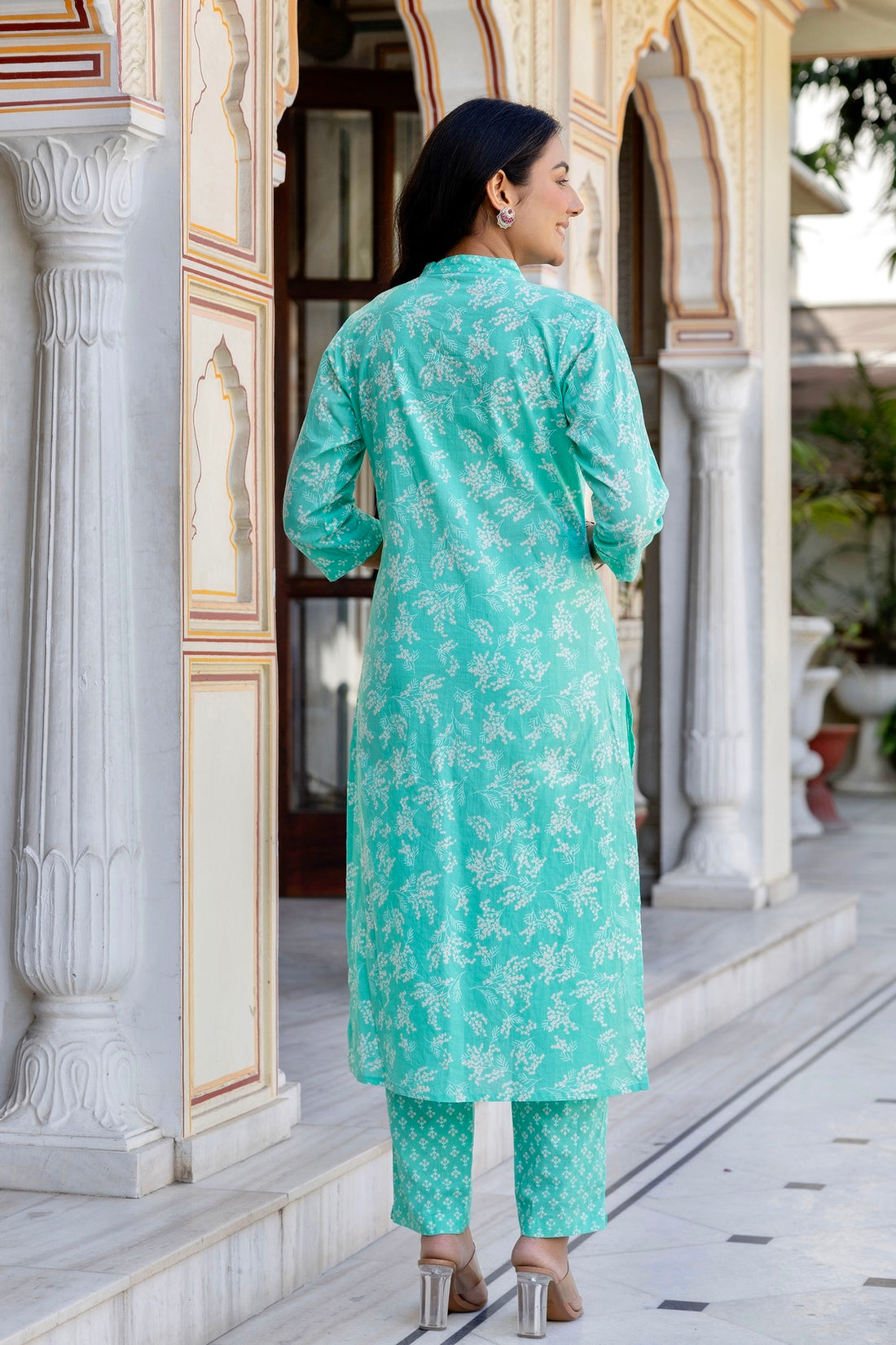 Sea Green Mirrorwork Floral Kurta Set with Trousers and Dupatta Sea Green Mirrorwork Floral Kurta Set with Trousers and Dupatta