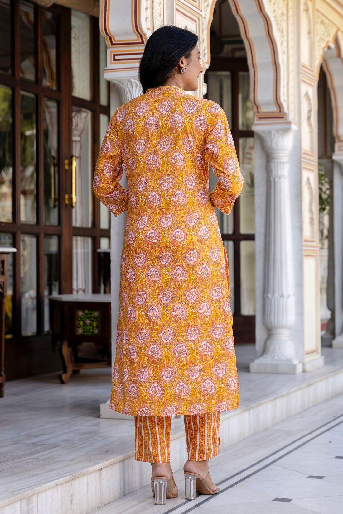 Deep Yellow Collar Neck Cotton Kurta Set with Trousers and Dupatta Deep Yellow Collar Neck Cotton Kurta Set with Trousers and Dupatta