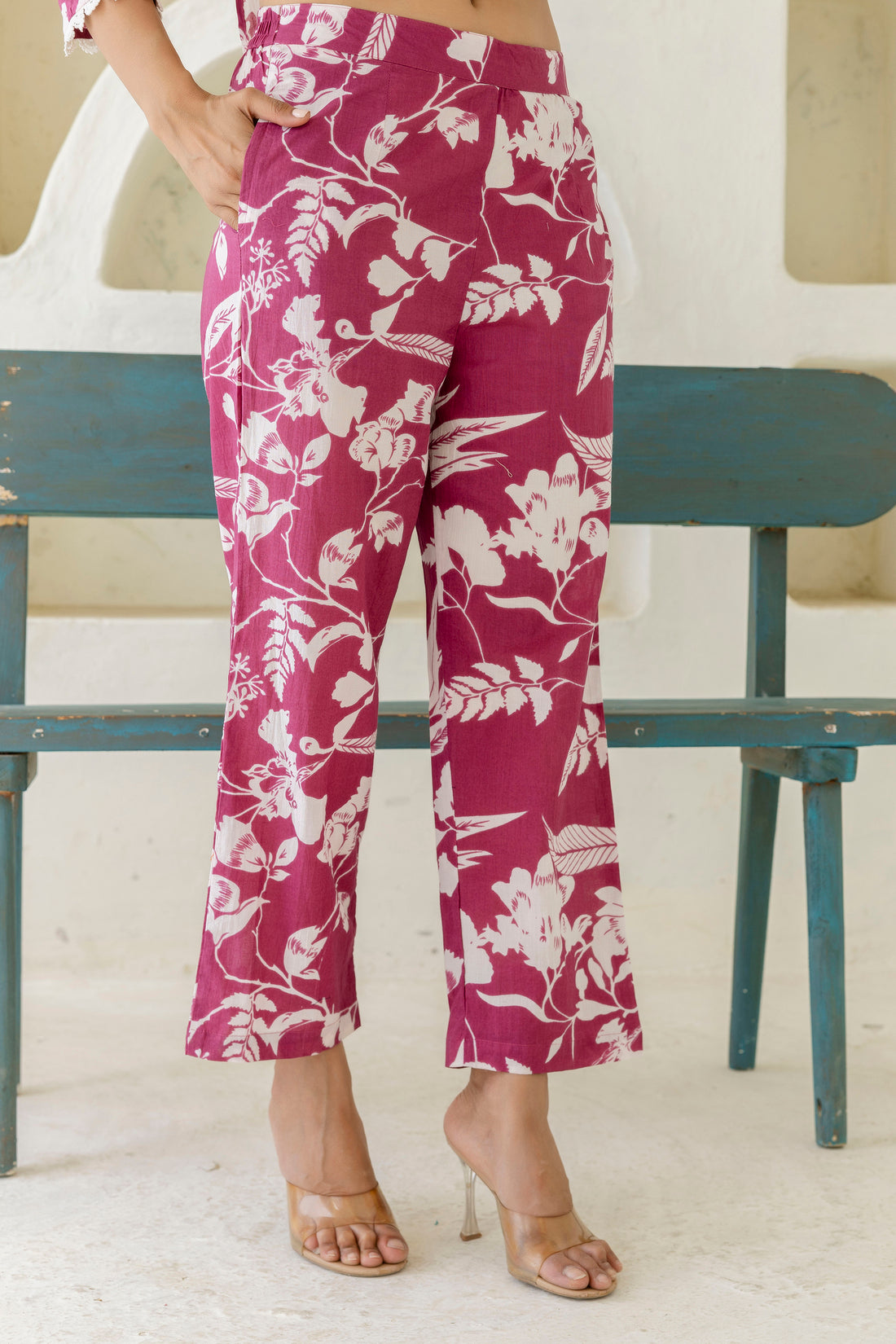 Reverie - Purple Floral Printed Lace Highlights Top with Wide Pants Coord Set Reverie - Purple Floral Printed Lace Highlights Top with Wide Pants Coord Set