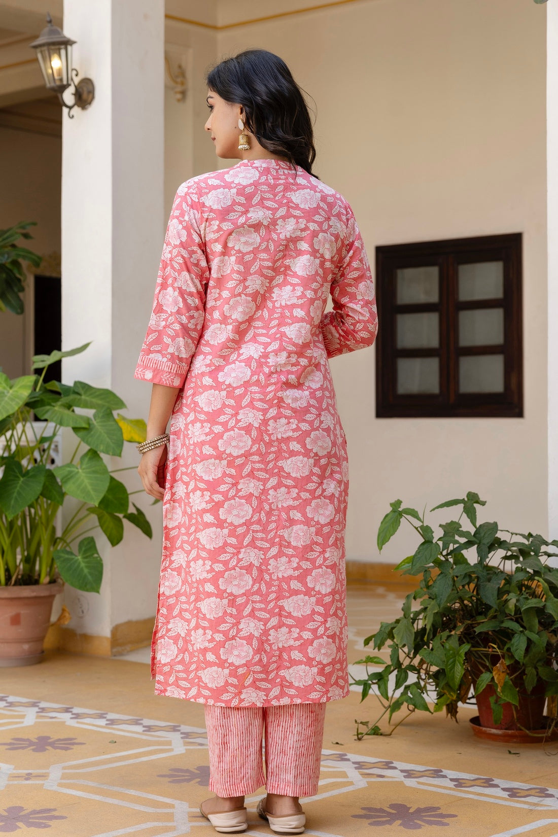 Peach Plackett Design Cotton Kurta Set with Trousers and Dupatta Peach Plackett Design Cotton Kurta Set with Trousers and Dupatta