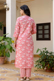 Peach Plackett Design Cotton Kurta Set with Trousers and Dupatta Peach Plackett Design Cotton Kurta Set with Trousers and Dupatta