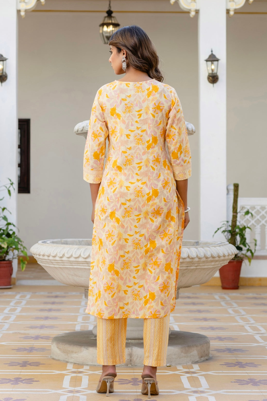Yellow V-neck Floral Print Kurta Set with Trousers and Dupatta Yellow V-neck Floral Print Kurta Set with Trousers and Dupatta