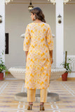 Yellow V-neck Floral Print Kurta Set with Trousers and Dupatta Yellow V-neck Floral Print Kurta Set with Trousers and Dupatta