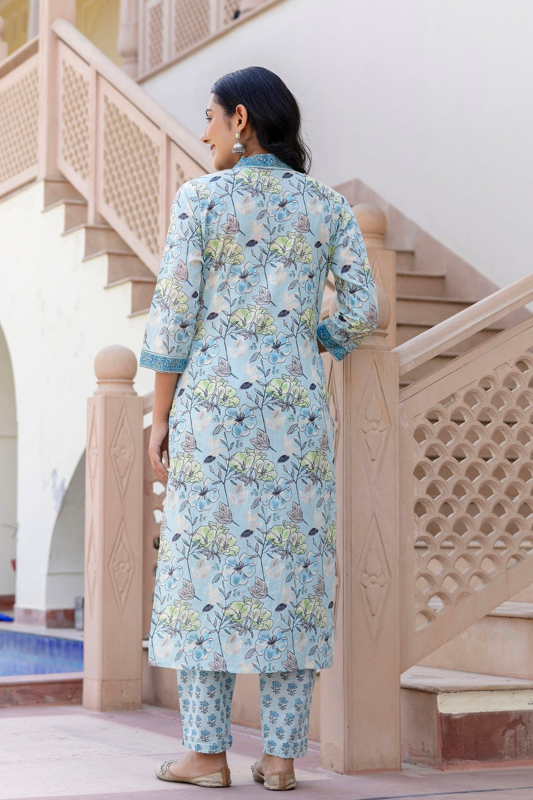 Pastel Blue Collar Neck Floral Kurta Set with Trousers and Dupatta Pastel Blue Collar Neck Floral Kurta Set with Trousers and Dupatta