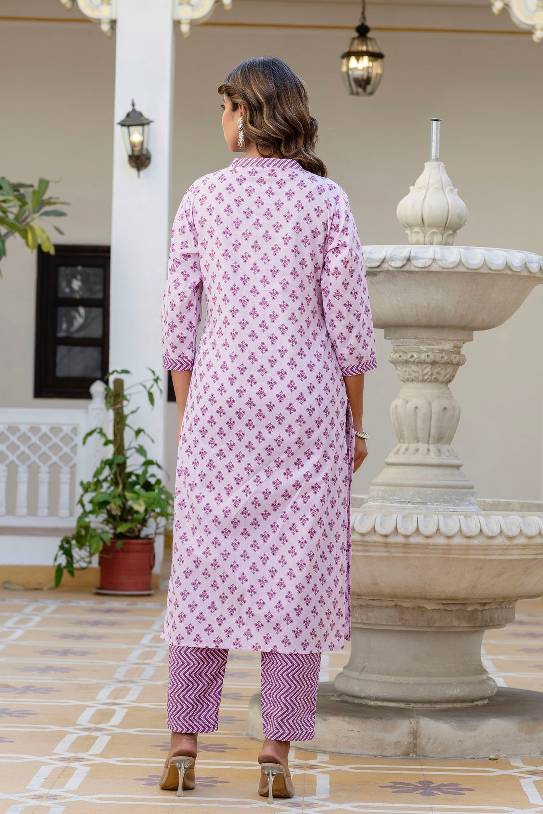 Lavender Motif Printed Collar Neck Kurta Set with Trousers and Dupatta Lavender Motif Printed Collar Neck Kurta Set with Trousers and Dupatta