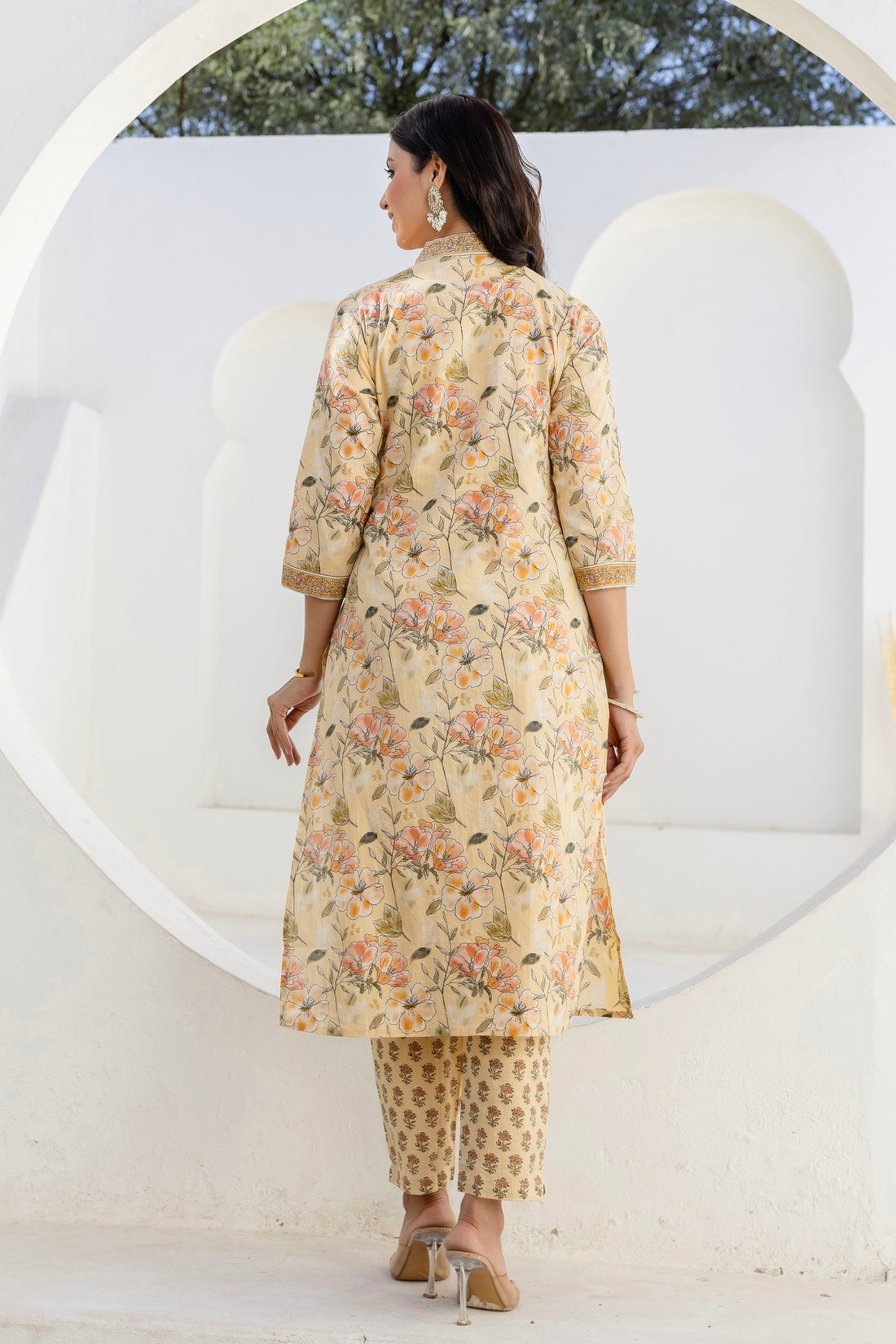 Pastel Yellow Collar Neck Floral Kurta Set with Trousers and Dupatta Pastel Yellow Collar Neck Floral Kurta Set with Trousers and Dupatta
