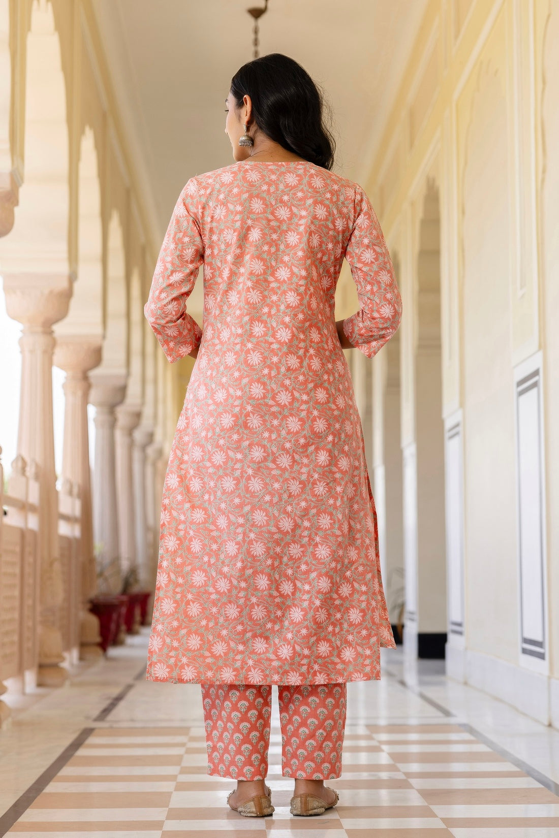 Peach Yoke Highlighted Floral Cotton Kurta Set with Trousers and Dupatta Peach Yoke Highlighted Floral Cotton Kurta Set with Trousers and Dupatta