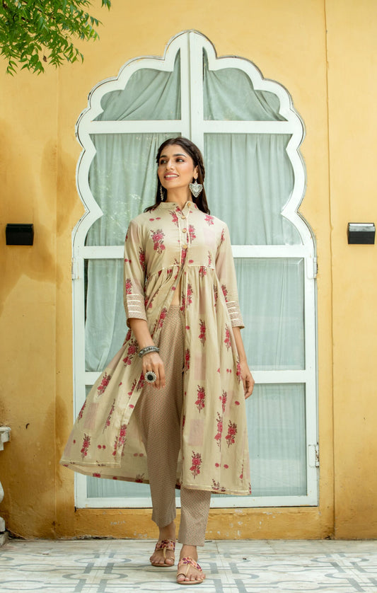 SKin Color Cotton Printed Kurta Set
