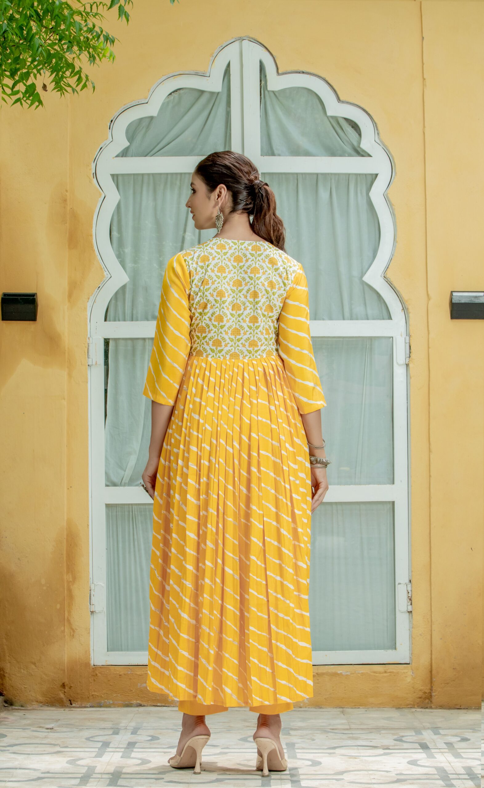 Yellow Leheriya Jacket Style Designer Gown Yellow Leheriya Jacket Style Designer Gown