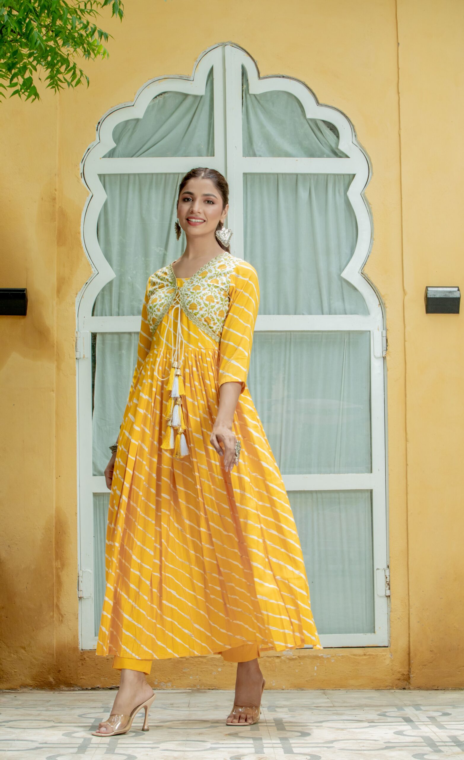 Yellow Leheriya Jacket Style Designer Gown Yellow Leheriya Jacket Style Designer Gown
