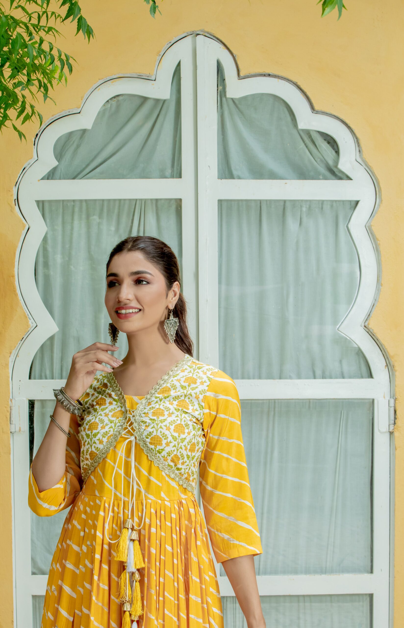 Yellow Leheriya Jacket Style Designer Gown Yellow Leheriya Jacket Style Designer Gown