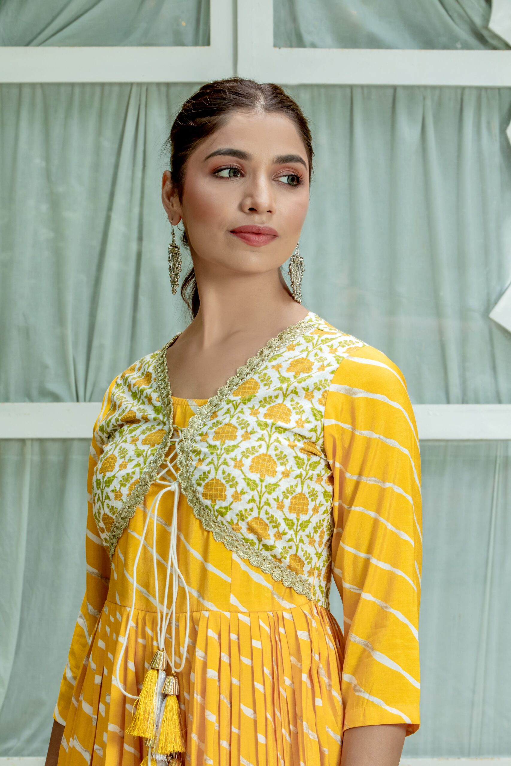 Yellow Leheriya Jacket Style Designer Gown Yellow Leheriya Jacket Style Designer Gown