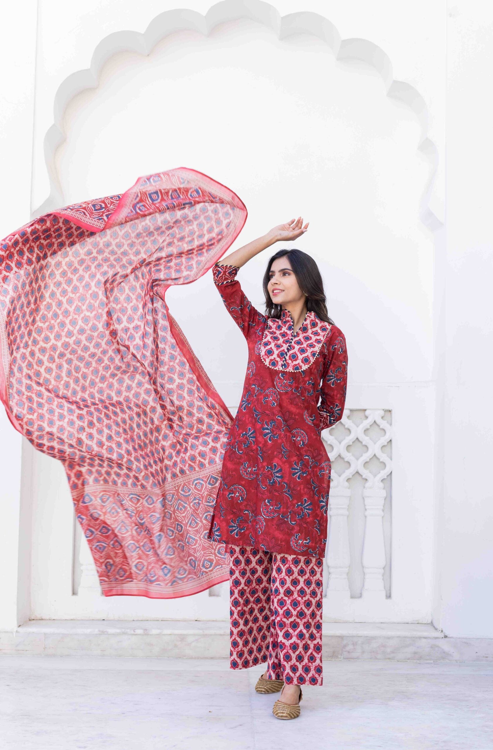 Wine Color Printed Cotton Kurta Set Wine Color Printed Cotton Kurta Set
