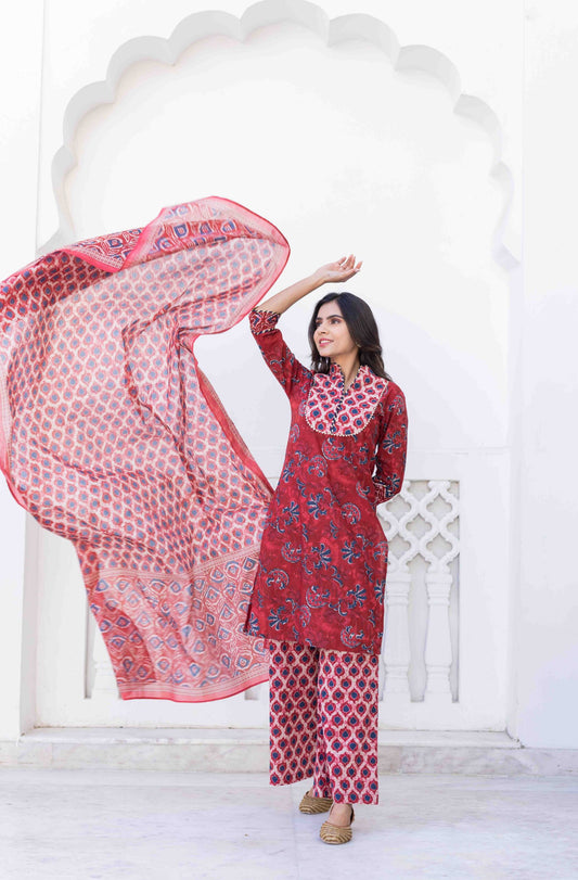 Wine Color Printed Cotton Kurta Set