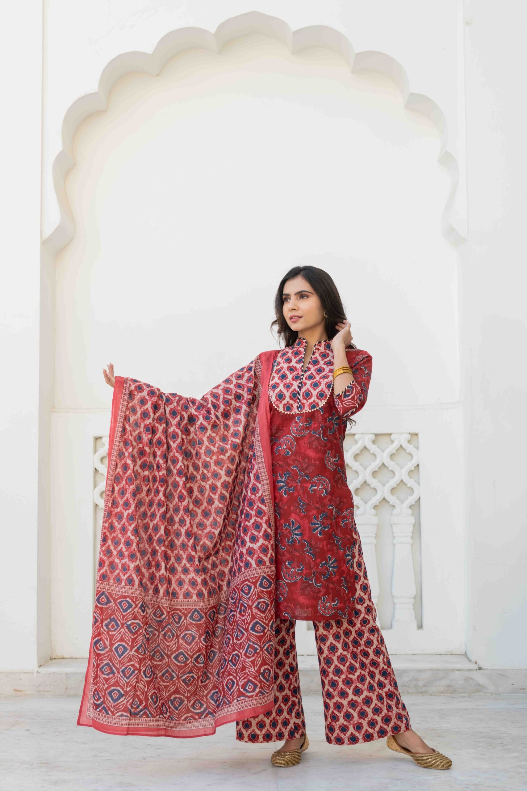Wine Color Printed Cotton Kurta Set Wine Color Printed Cotton Kurta Set