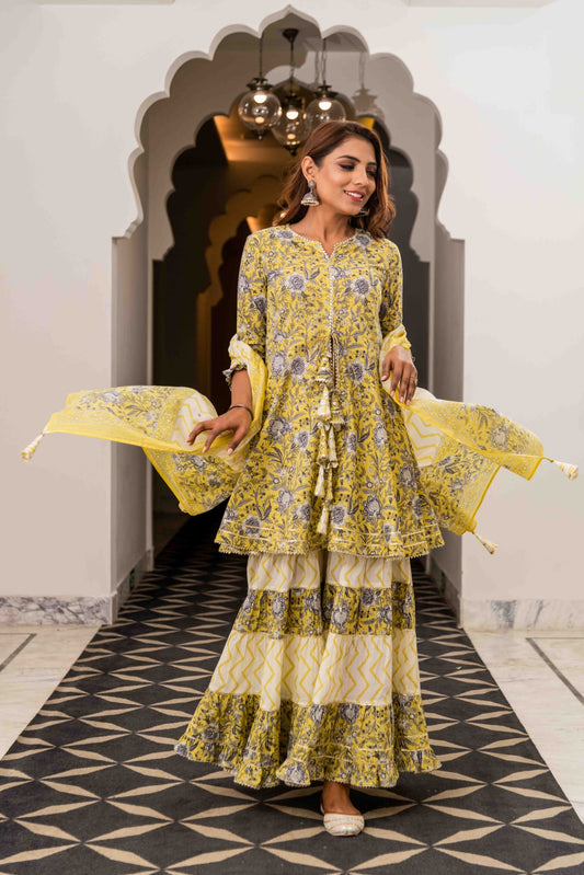 Designer Yellow Tiered Sharara Set