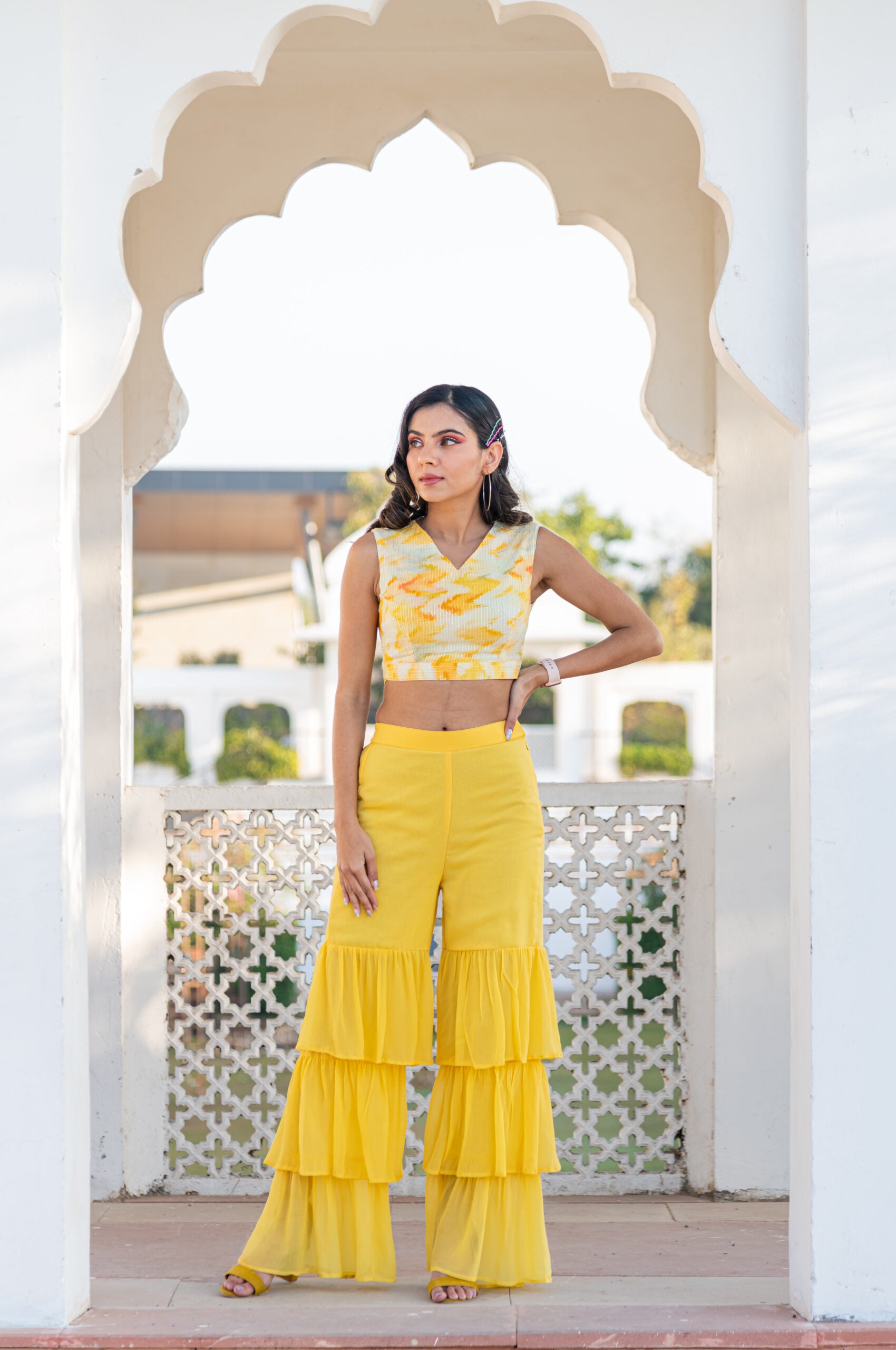 Yellow Modern Georgette Sharara Set Yellow Modern Georgette Sharara Set