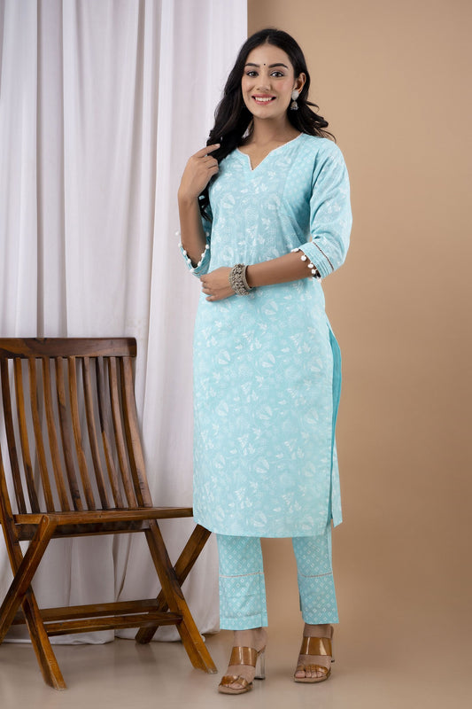 Sky Blue Cotton Printed Kurta Set
