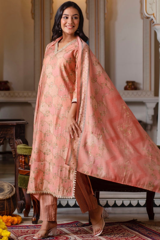 Savannah - Peach Foil Printed Silk Blend Kurta Set with Dupatta