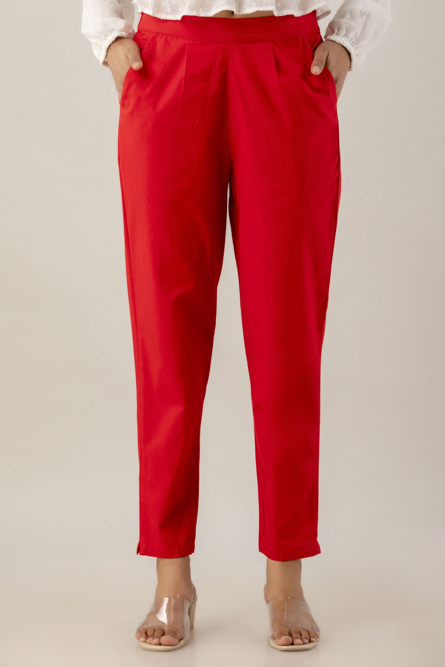 Juniper Bottoms  Buy Juniper Red Cotton Solid Cigarette Pants Online   Nykaa Fashion