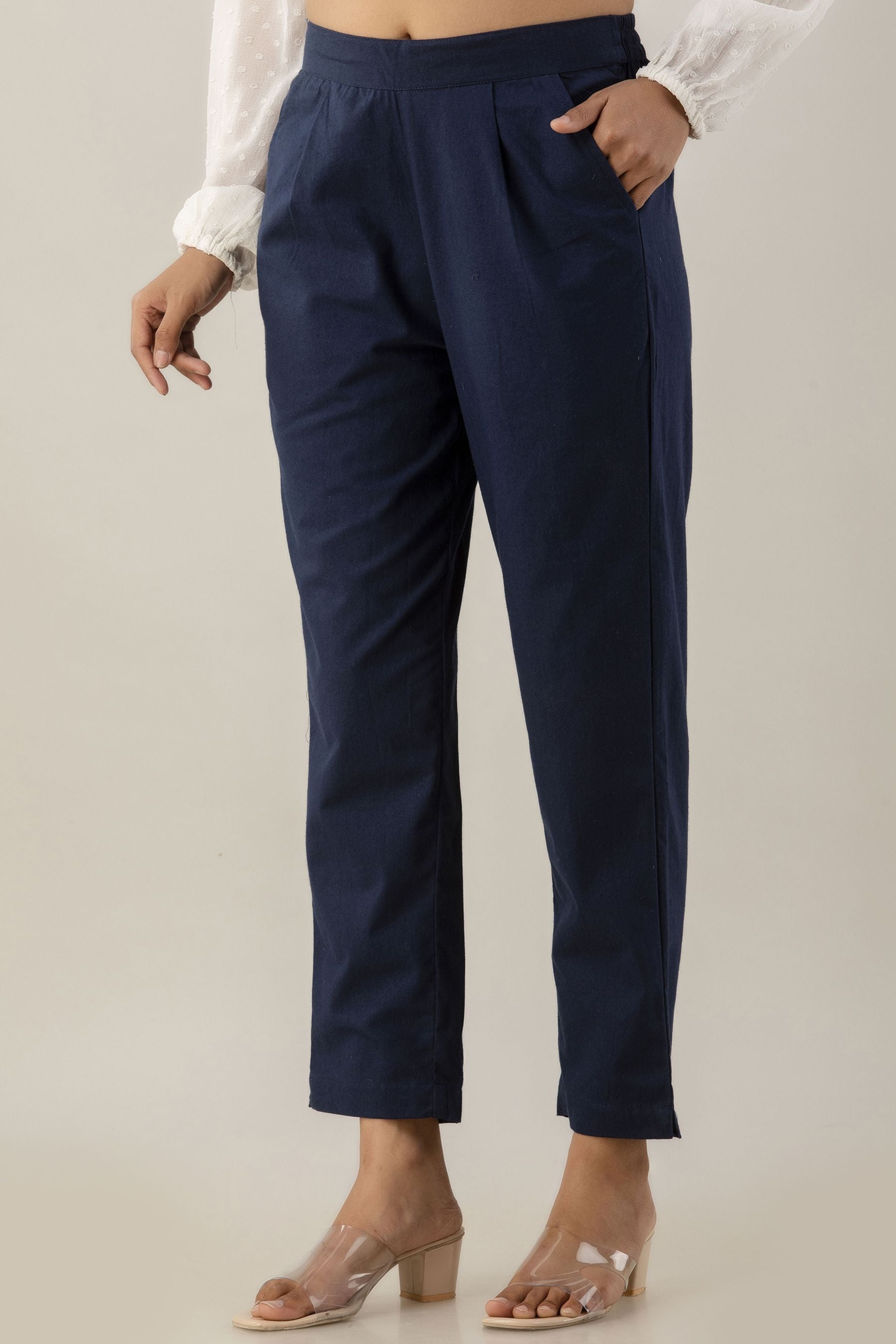 Buy Laabha Women Navy Blue Relaxed Regular Fit Solid Cropped Cigarette  Trousers - Trousers for Women 7761527 | Myntra