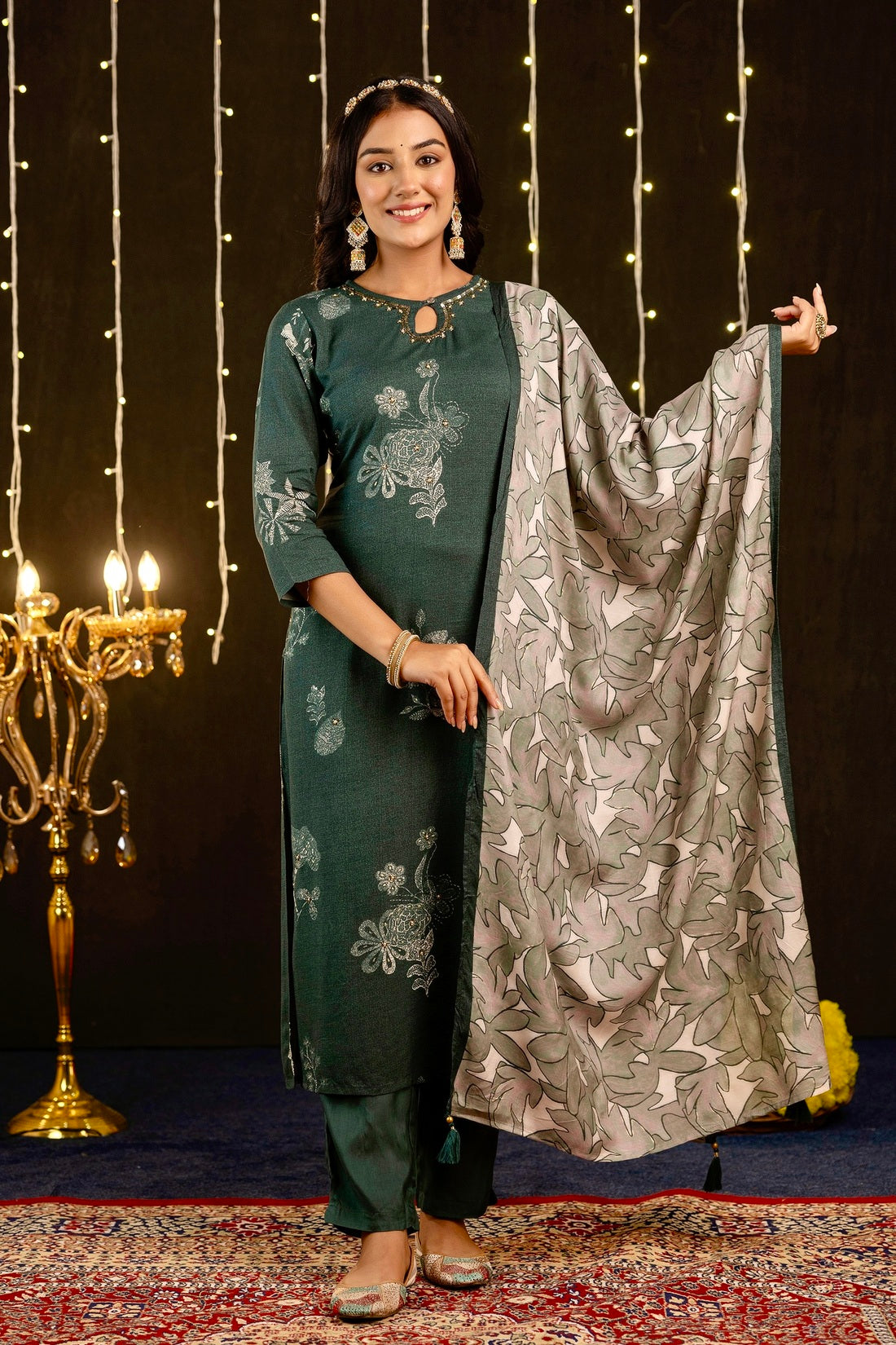 Adhira - Green Printed Festive Silk Kurta Set with Dupatta