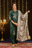 Adhira - Green Printed Festive Silk Kurta Set with Dupatta