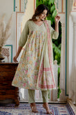 Layla - Green Pleated A-line Flared Cotton Kurta Set with Dupatta