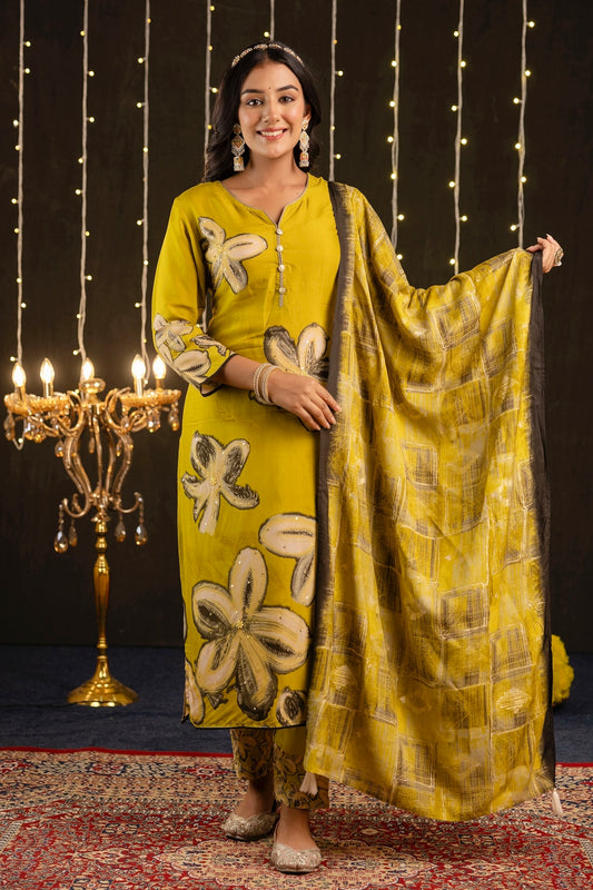 Vaibhavi - Yellow Floral Printed Festive Silk Kurta Set with Dupatta