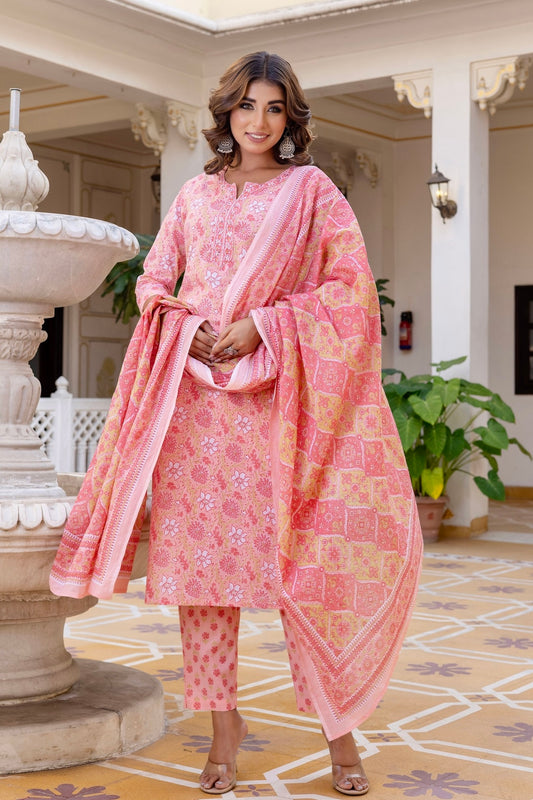Pink Floral Printed Plackett Highlight Cotton Kurta Set with Trousers and Dupatta