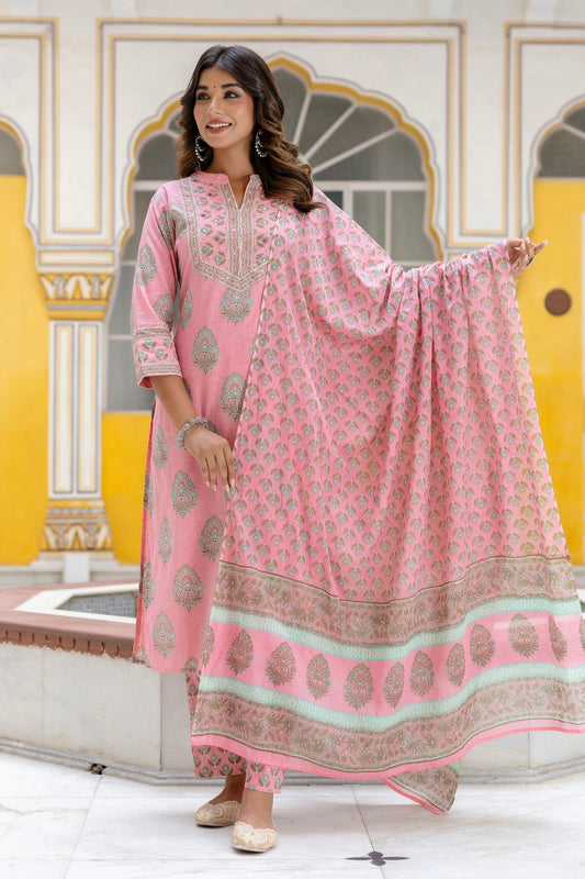 Harper - Pink Motif Printed Yoke Design Cotton Kurta Set with Dupatta