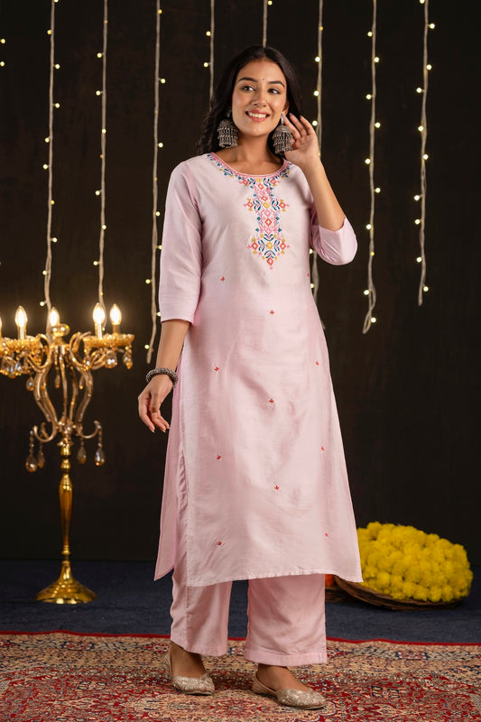 Kirti - Pink Silk Festive Embroidered Kurta