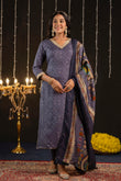 Janvi - Blue Printed Festive Silk Kurta Set with Dupatta