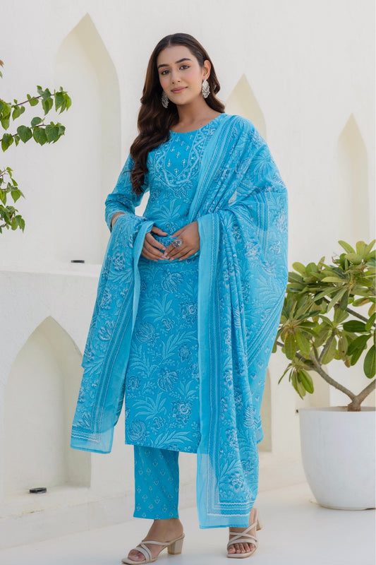Sky Blue Floral Printed Cotton Kurta Set with Trousers and Dupatta