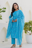 Sky Blue Floral Printed Cotton Kurta Set with Trousers and Dupatta