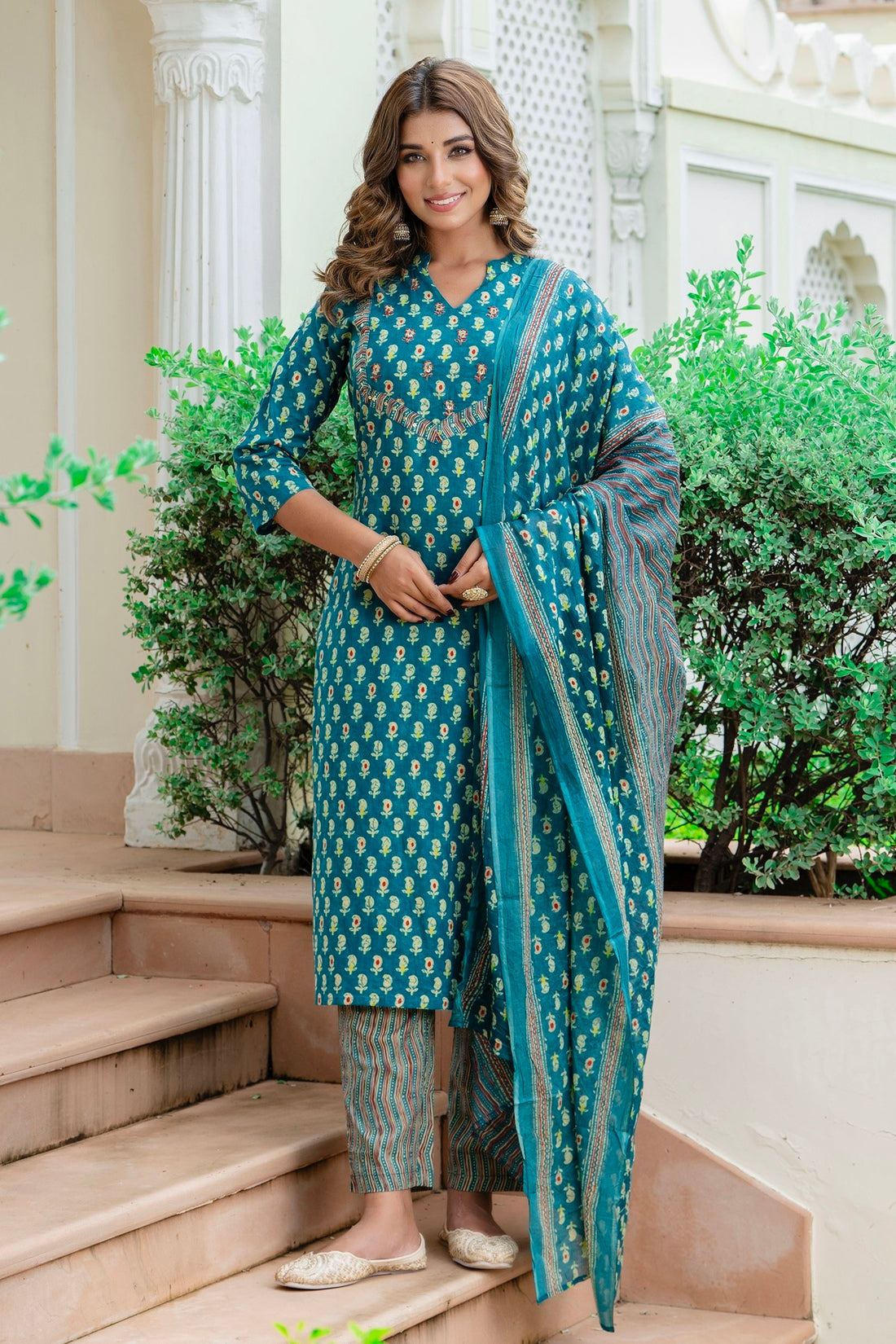 Urvi - Teal Motif Printed Cotton Kurta Set with Dupatta