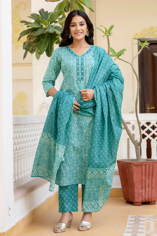 Lily - Green Bandhej Print Festive Cotton Kurta Set with Dupatta